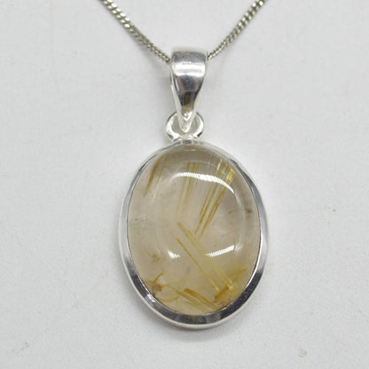 Golden Rutilated Quartz Oval Pendant in Sterling Silver