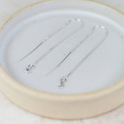 Star & Moon Threader Earrings in Sterling Silver