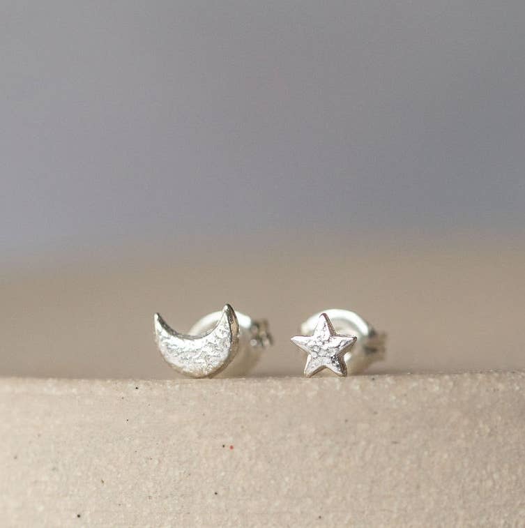 Sterling Silver Mini Moon and Star Studs