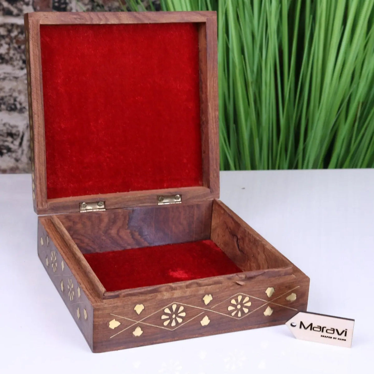 Lila Sheesham Wood Trinket Box Brass Inlay
