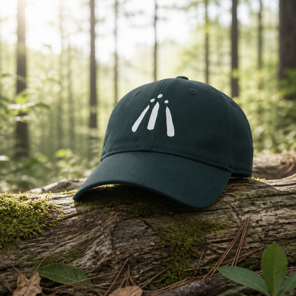 Cream Awen print on 'Evergreen' green cap
