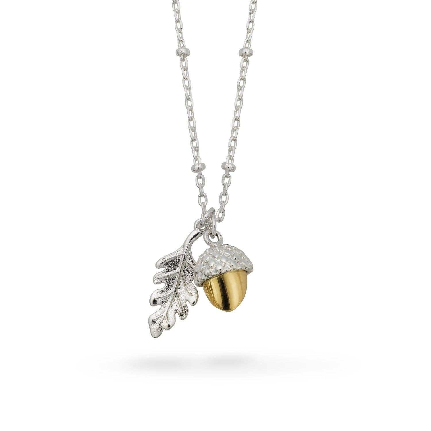 Necklace with a silver and gold acorn pendant on a white background